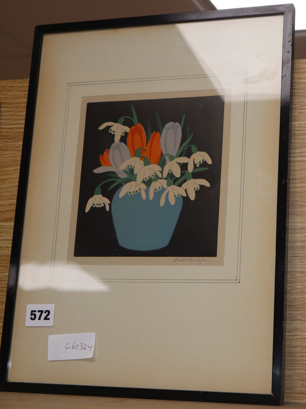 John Hall Thorpe (1874-1947), woodblock print, Crocuses and Snowdrops in a blue vase, signed in pencil, 16 x 15cm